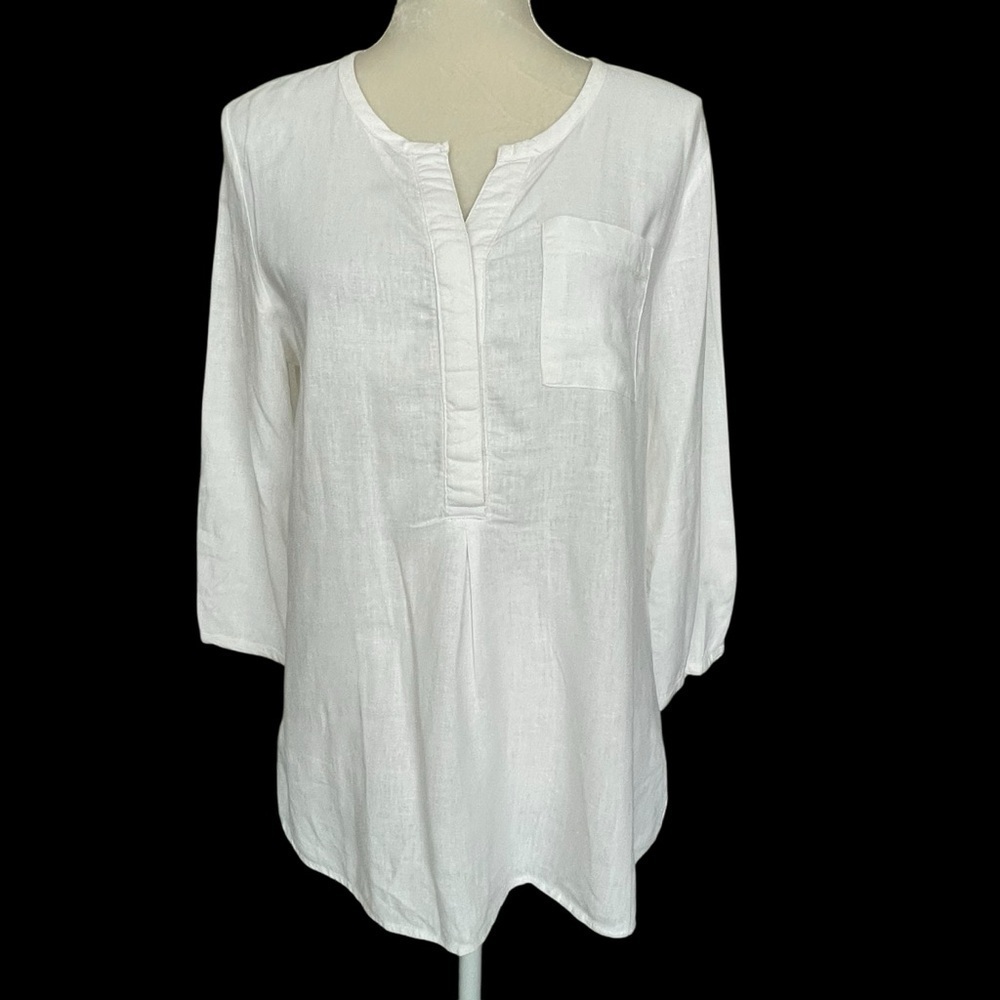 Kenar White Linen Top Tunic Women’s Size S Lightweight Patch Pocket Summer